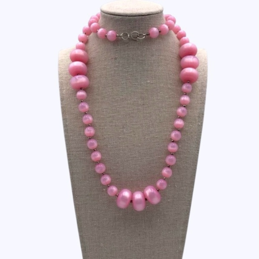 Vintage 60s Pink Lucite Moonglow Chunky Beaded
Long Necklace - Picture 9 of 9